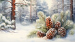 Winter landscape with fir trees and pine cones in the snow. Christmas background. Generated AI.