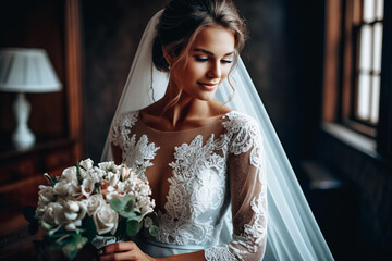 Beautiful classy bride in wedding luxury dress with lace and a bouquet of white flowers.