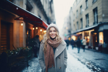 Wall Mural - Portrait of beautiful young happy woman in winter clothes at street Christmas market in Paris. Real people