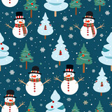 Fototapeta Dinusie - Winter seamless pattern background with snowman and christmas trees