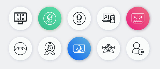 Sticker - Set line Video chat conference, Telephone handset, Web camera, Microphone, and icon. Vector