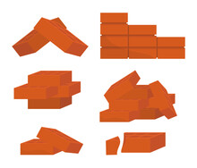 Orange Building Bricks. Cartoon Flat Construction Rock Red Brick Pieces Collection, Ceramic Brown Material. Vector Cartoon Minimalistic Set Of Isolated Objects.