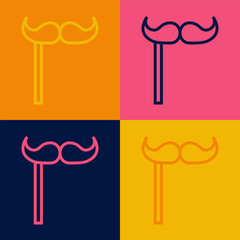 Wall Mural - Pop art line Paper mustache on stick icon isolated on color background. Concept with cardboard carnival mask. Mask for a photo shoot. Vector