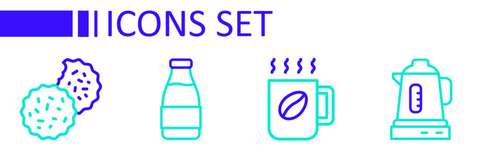 Wall Mural - Set line Electric kettle, Coffee cup, Milk bottle and Cookie or biscuit icon. Vector