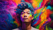 Portrait of an asian man with rainbow colors, generated with ai