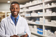 © PrettyStock - Happy friendly young doctor pharmacist doing inventory and modern pharmacy service while looking at camera with notebook