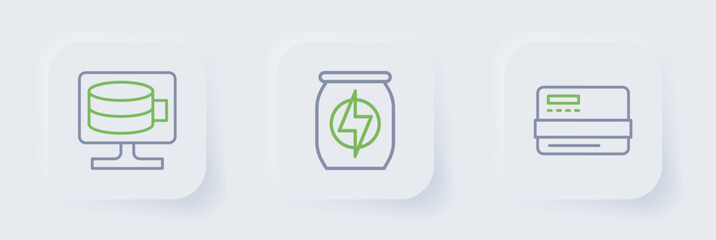 Sticker - Set line Credit card, Energy drink and Cloud database icon. Vector