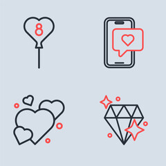 Sticker - Set line Mobile with heart, Heart, Diamond and Balloons 8 March icon. Vector