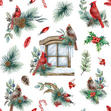 Winter Vintage Style Decorative Seamless Pattern With Cardinal Birds. Watercolor Illustration. Hand Drawn Christmas Decor With Red Cardinal Bird And Natural Elements. White Background