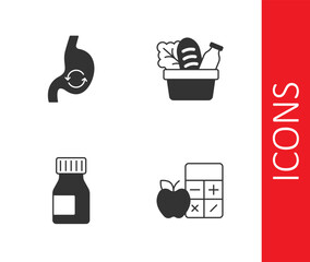 Canvas Print - Set Calorie calculator, Human stomach health, Vitamins and Shopping bag and food icon. Vector