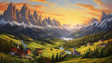 Fototapeta Big Ben - oil painting on canvas, meadow view of South Tyrol. Artwork. Big ben. meadow nature as sunset. Tree. Italy
