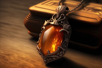 Poster - Fantasy elven antique silver necklace pendant with bright orange amber cabochon gem, precious and sacred heirloom elfish jewelry.