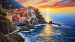 oil painting on canvas, sea view of Cinque Terre. Artwork. Big ben. man and woman on the beach as sunset. Tree. Italy