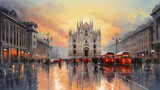 Fototapeta Big Ben - oil painting on canvas, street view of Milan. Artwork Milano. Big ben. man and woman on street, bus and road. Tree. Italy.