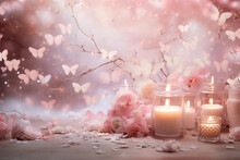 Valentine's day background in pink tones with butterflies, rose flowers and burning candles, horizontal luxury glamour romantic backdrop