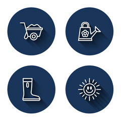 Poster - Set line Wheelbarrow, Watering can, Waterproof rubber boot and Sun with long shadow. Blue circle button. Vector