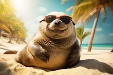 A Seal Wearing Sunglasses Is Sunbathing On A Sandy Beach By The Sea Under The Palms