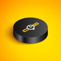 Canvas Print - Isometric line Wrist watch icon isolated on yellow background. Wristwatch icon. Black circle button. Vector