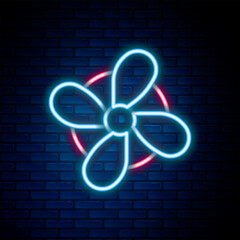 Sticker - Glowing neon line Boat propeller, turbine icon isolated on brick wall background. Colorful outline concept. Vector