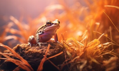 Canvas Print - Frog sitting on a rock in the grass, AI