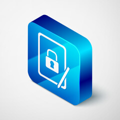 Poster - Isometric Graphic tablet with closed padlock icon isolated on grey background. Phone with lock. Mobile security, safety, protection concept. Blue square button. Vector