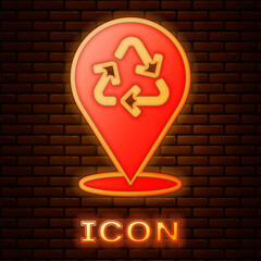 Poster - Glowing neon Recycle symbol icon isolated on brick wall background. Circular arrow icon. Environment recyclable go green. Vector