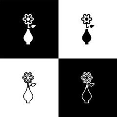 Sticker - Set Flower in vase icon isolated on black and white background. Vector