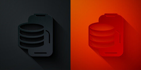 Poster - Paper cut Cloud technology data transfer and storage icon isolated on black and red background. Paper art style. Vector