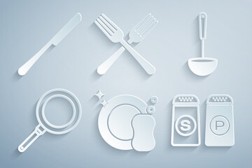 Sticker - Set Washing dishes, Kitchen ladle, Frying pan, Salt and pepper, Crossed fork and Knife icon. Vector