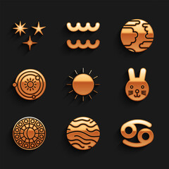 Sticker - Set Sun, Planet Venus, Cancer zodiac, Rabbit, Astrology horoscope circle, Solar system, Mercury and Falling star icon. Vector