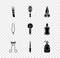 Poster - Set Eyebrow tweezers, Hairbrush, Scissors, Eyelash curler, Nail file, Bottle of liquid soap, and dryer icon. Vector