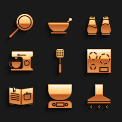 Sticker - Set Spatula, Electronic scales, Kitchen extractor fan, Electric stove, Cookbook, mixer, Salt and pepper and Frying pan icon. Vector