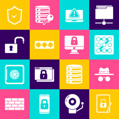 Poster - Set Tablet with closed padlock, Incognito mode, Graphic password protection, Laptop exclamation mark, Password, Open, Shield check and Lock computer monitor icon. Vector