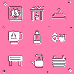 Sticker - Set Sauna thermometer, Aroma candle, Hanger wardrobe, Cup of tea with tea bag, Essential oil bottle, Toilet paper roll, wood bench and Kettle handle icon. Vector