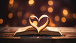 The Book of Love; An open book with pages folded into the shape of a heart; Valentine's Day theme
