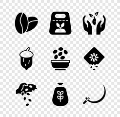 Sticker - Set Coffee beans, Pack full seeds plant, Plant in hand, Seed, Bag flour, Sickle, Acorn, oak nut, and Seeds bowl icon. Vector