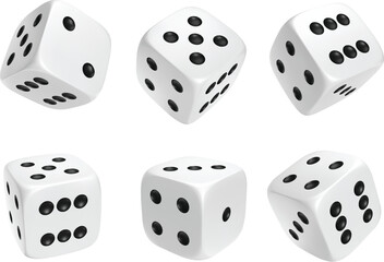 White photorealistic 3d cube for games. Dice icon in flight closeup isolated on white background. Vector illustration.