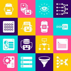 Sticker - Set Neural network, Web developer programming code, Binary, Artificial intelligence AI, Chat bot, and icon. Vector