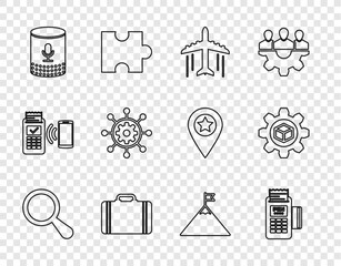 Sticker - Set line Magnifying glass, POS terminal, Plane, Suitcase for travel, Voice assistant, Project management, Mountains and flag and Product development icon. Vector