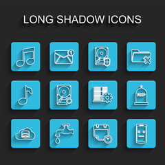Poster - Set line Cloud database, Water tap, Music note, tone, Calendar and clock, Dead mobile, Hard disk drive HDD sync refresh, Tombstone with RIP written and Server setting icon. Vector