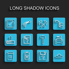 Poster - Set line Trash can, Mobile recording, Open new window, Unknown document, UFO flying spaceship, Car rental and Hammer icon. Vector
