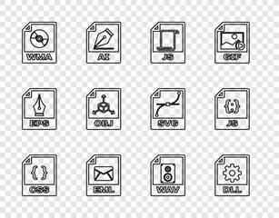 Poster - Set line CSS file document, DLL, JS, EML, WMA, OBJ, WAV and icon. Vector