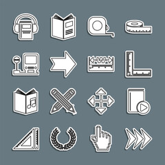 Poster - set line arrow, audio book, folding ruler, roulette construction, bus stop, and measuring height and