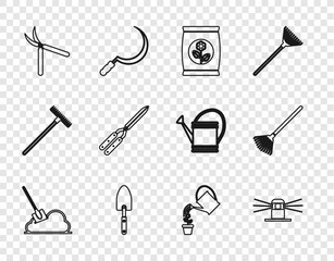 Wall Mural - Set line Shovel in the ground, Automatic irrigation sprinklers, Fertilizer bag, Garden trowel spade or shovel, Gardening handmade scissor, Watering can and rake for leaves icon. Vector