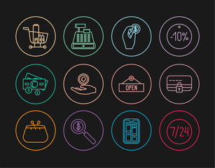 Poster - Set line Clock 24 hours, Credit card with, Hand holding coin money, Stacks paper cash, Shopping cart food, Hanging sign Open and Cash register machine icon. Vector