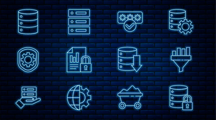 Poster - Set line Server security with lock, Sales funnel chart, Password protection, Document and, Shield settings gear, Server, Data, Web Hosting, and icon. Vector