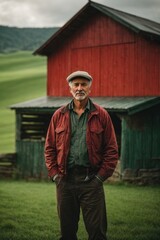 Poster - A handsome elderly man farmer wearing a red jacket stands against the background of his farm in summer. Harvest, Farming, Entrepreneur concepts