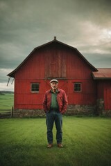 Poster - A senior farmer standing near a barn in a beautiful green mountainous area