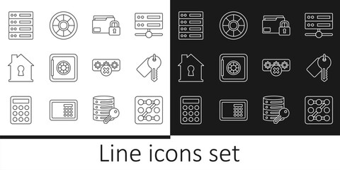 Poster - set line graphic password protection, marked key, folder and lock, safe, house under, server, data, 