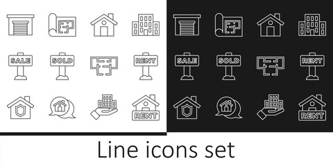 Canvas Print - Set line Hanging sign with Rent, House, text Sold, Sale, Garage, plan and icon. Vector